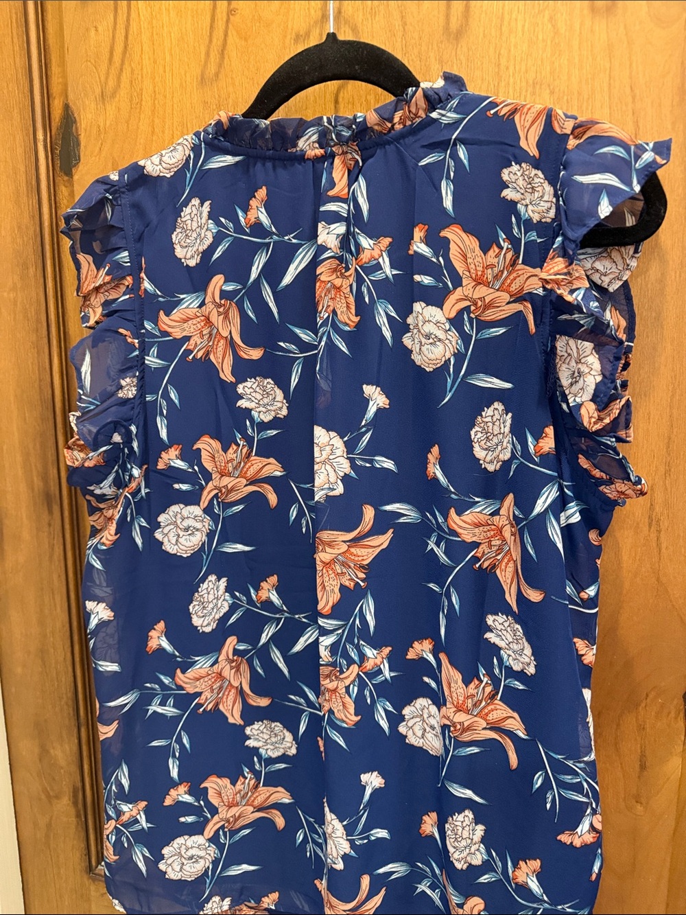 NY Collection Blue Floral Ruffle Sleeve Tie-Neck Blouse - Picture 7 of 7